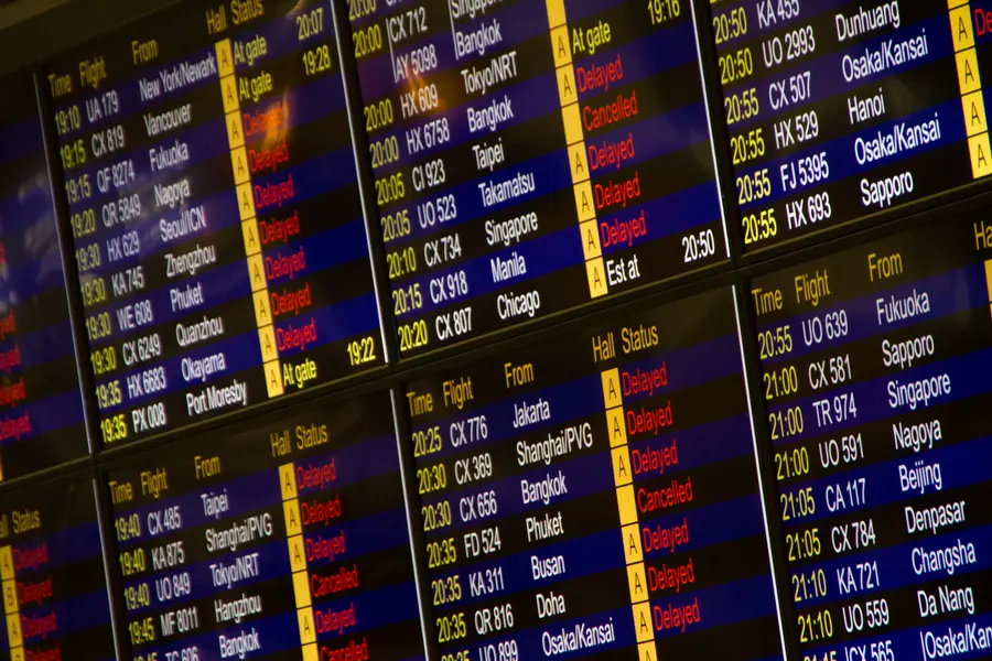 An airport departure board