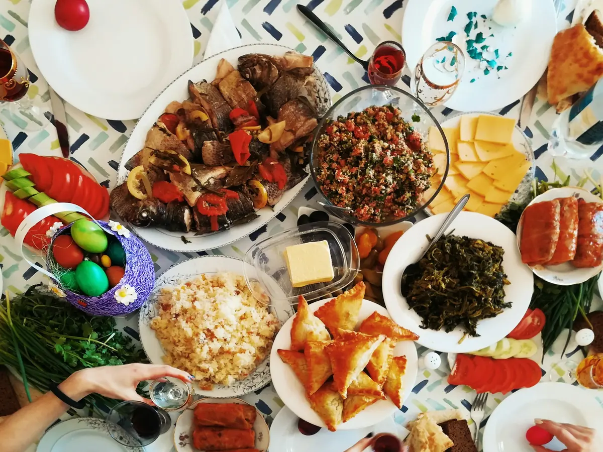 A generous spread of Arabic dishes across a table