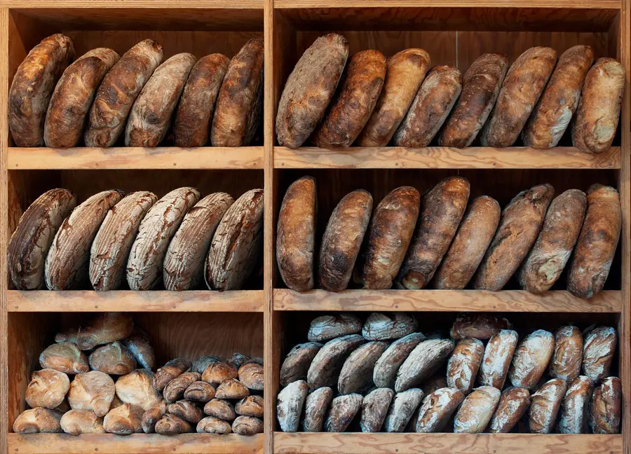 Loaves of bread on bakery shelves