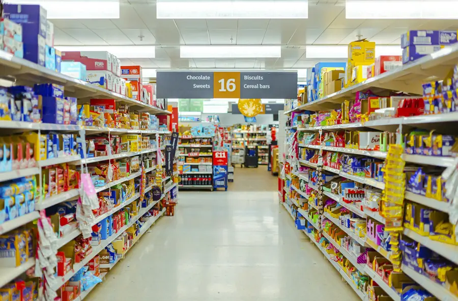 A supermarket aisle, blurred