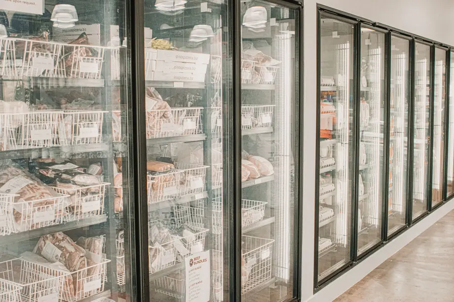 Frozen meat packs in a freezer