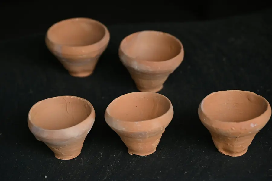 Small bowls of ground cumin, turmeric and other spices