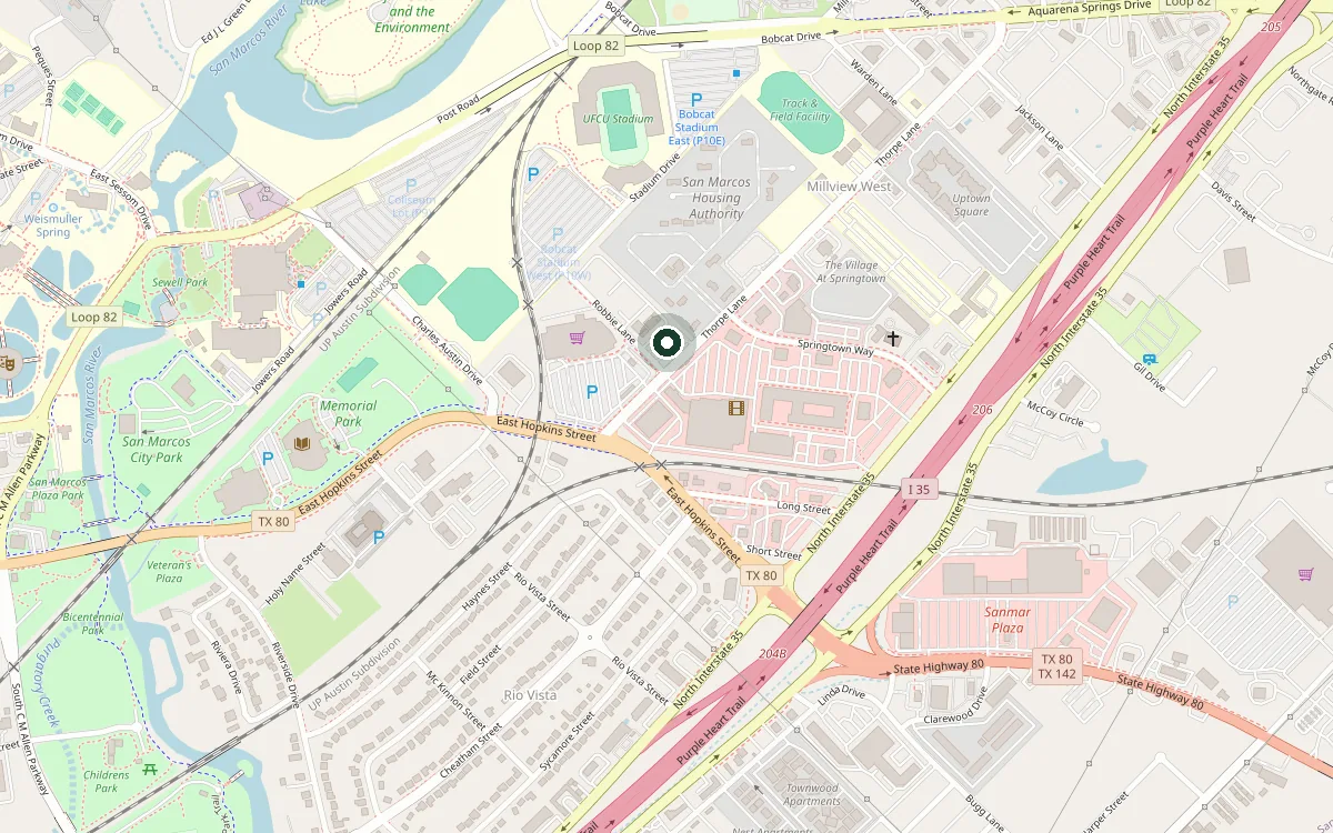 Map showing Halal Basket at 1101 Thorpe Lane, Suite 107, San Marcos, Texas