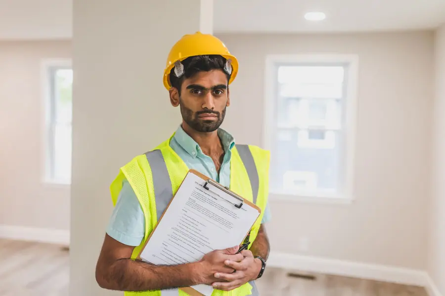 An inspector making notes on a clipboard