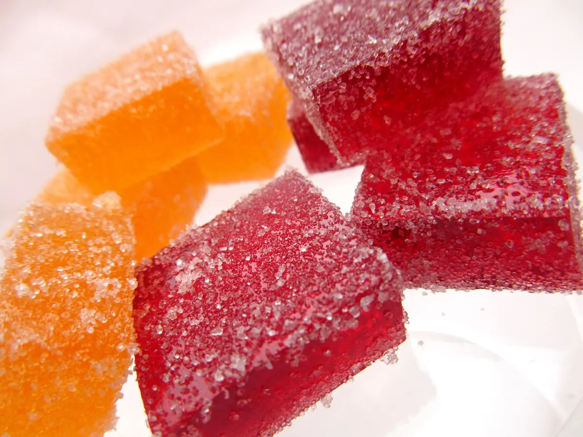 Cubes of set jelly dessert on a plate