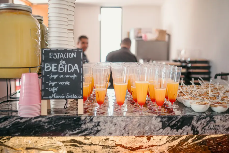 Labelled dishes on a catering station