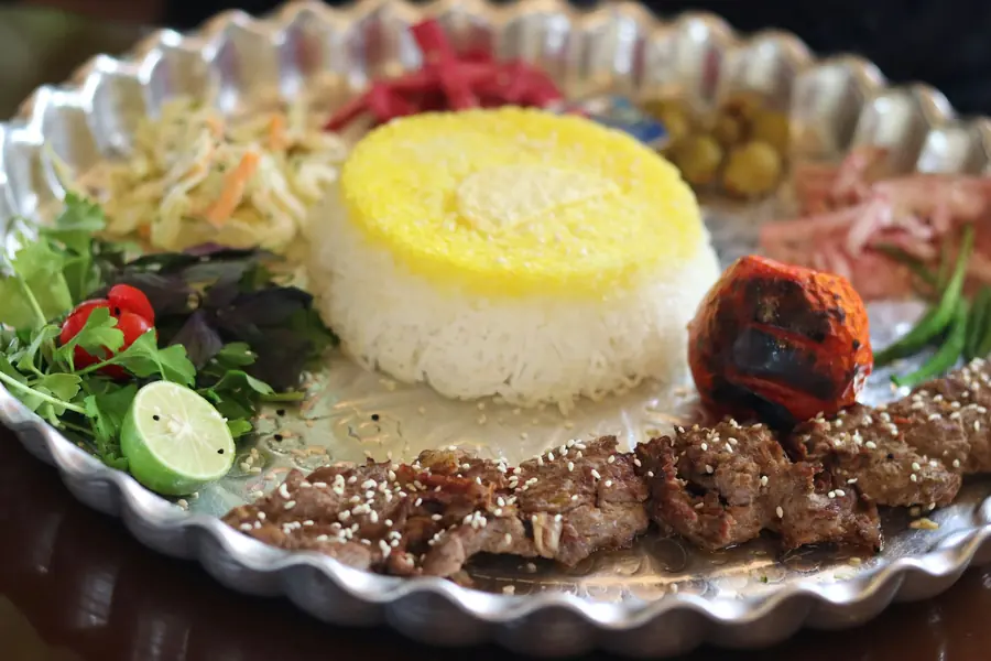 A large communal platter of rice and meat