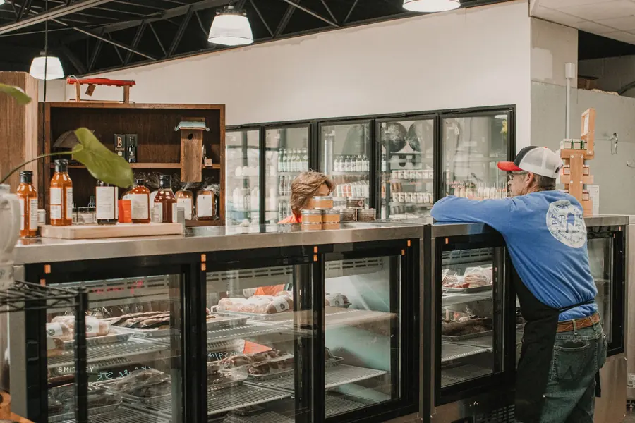 Packaged meat in a refrigerated display