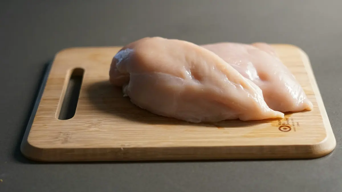 A raw whole chicken on a wooden board