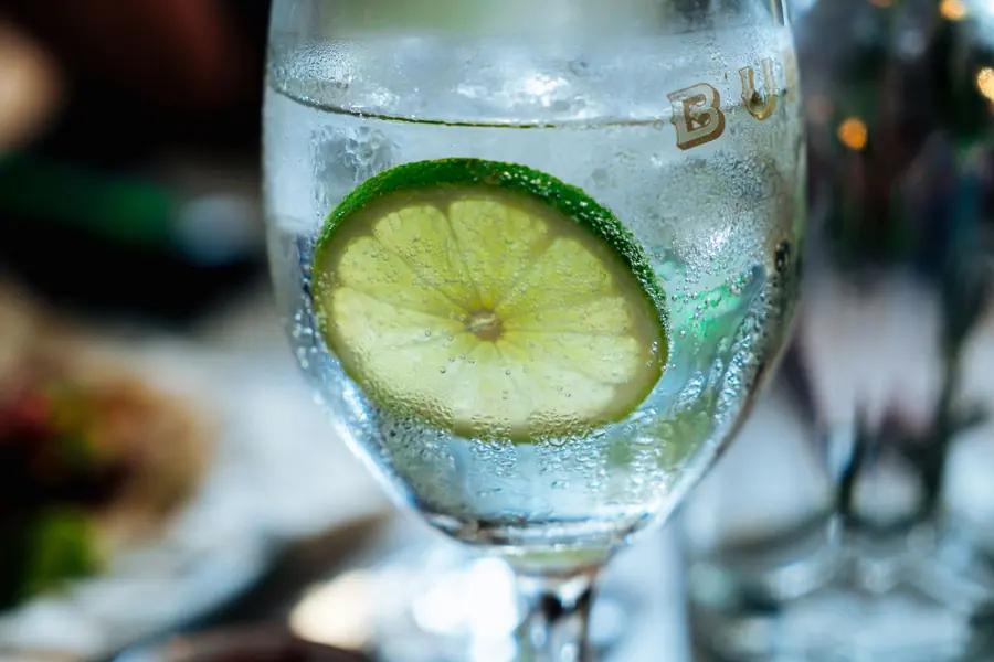 A glass of sparkling water with lemon