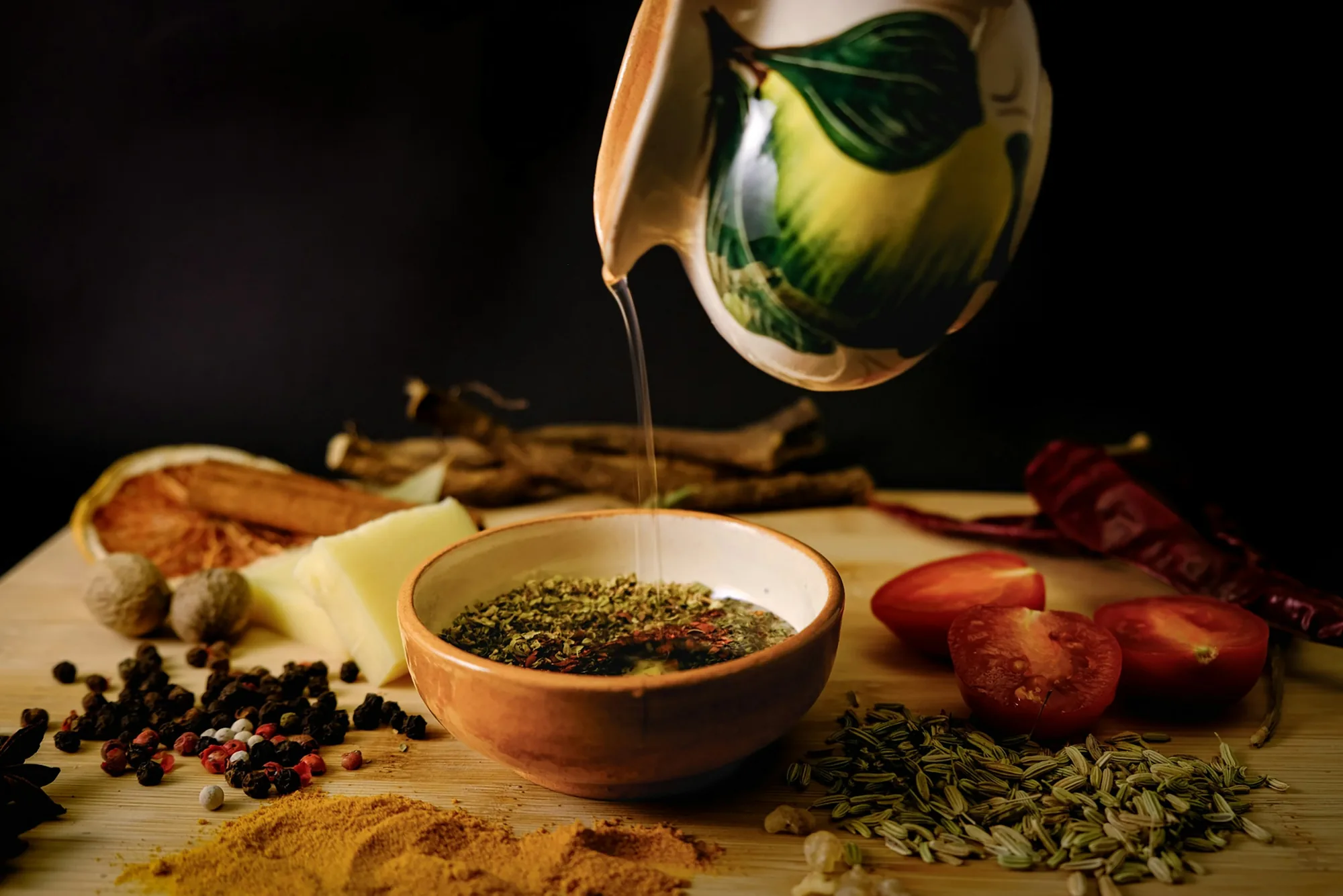 Olive oil being poured into a bowl of herbs, with tomatoes and dried chillies alongside