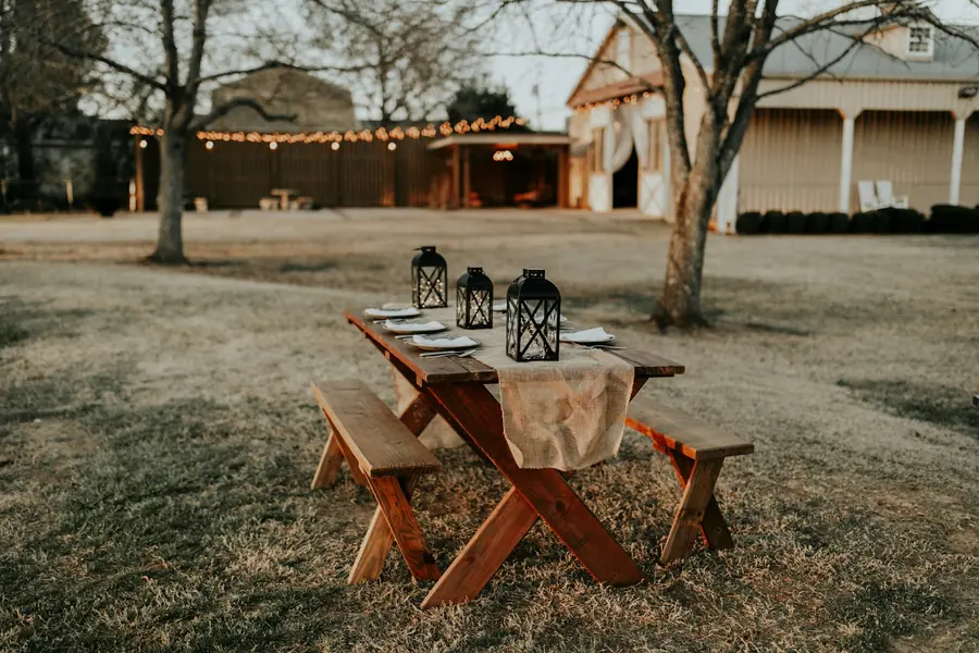 A long table set up for guests