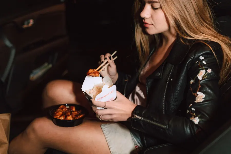 A takeout meal eaten in a car