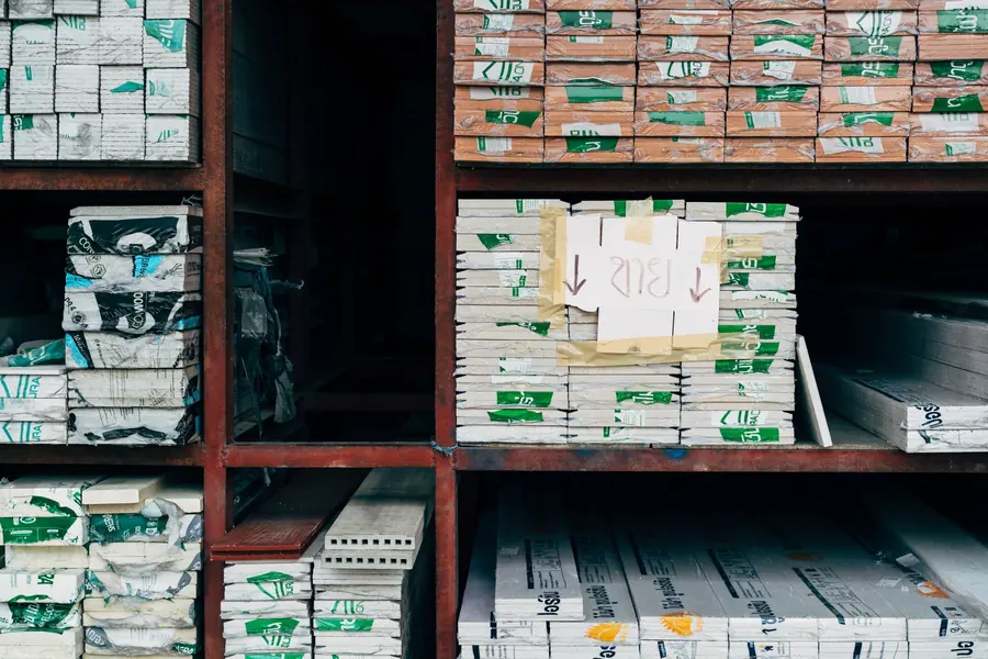 Stacked boxes on warehouse shelving
